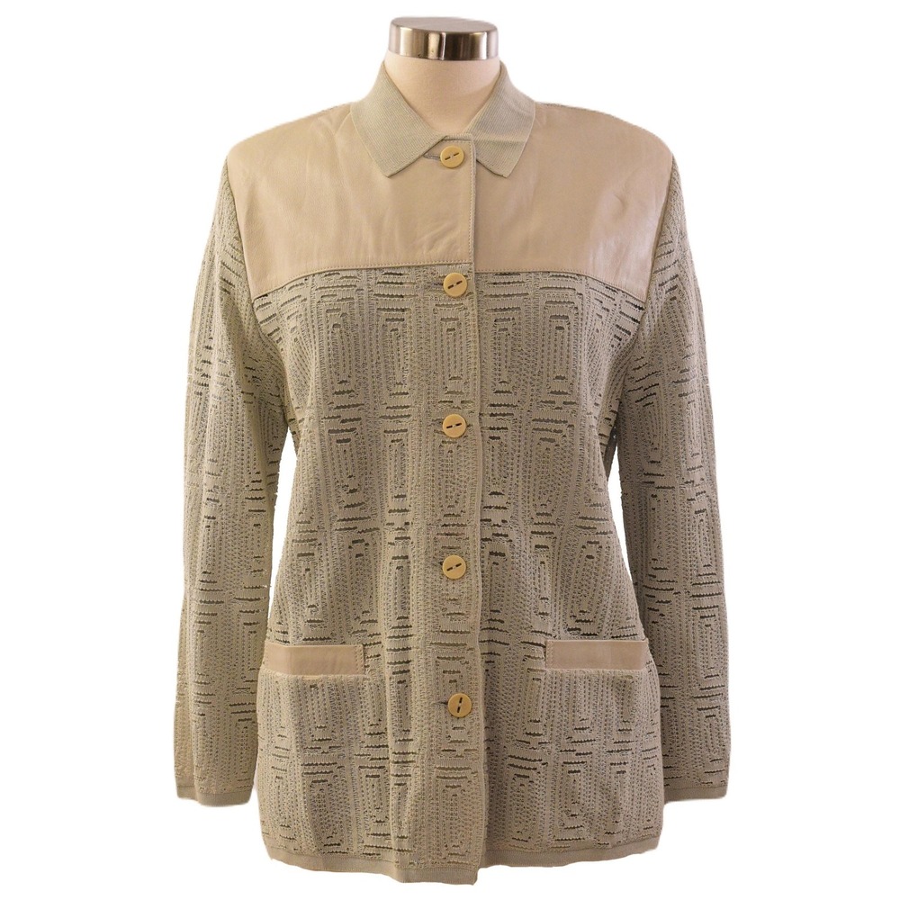 80s Vintage Torras Leather & Knit Shacket Womens L Geometric Mod Art Deco Jacket